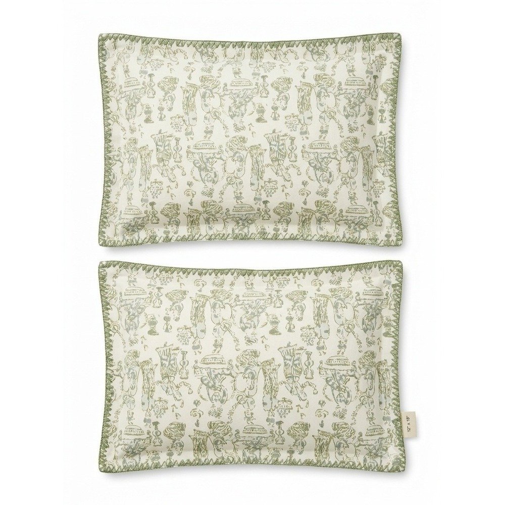 John Robshaw Sage Green Block Print Linen Cotton Pillow Covers 12x18 Set of 2